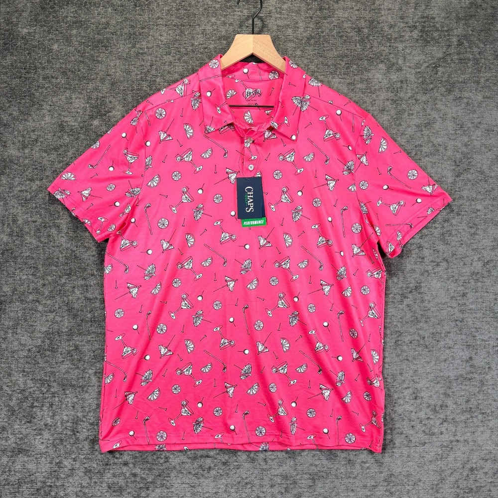 Chaps Golf Performance Polo Shirt Cocktail Print Moisture Wicking Pink‎ XL
